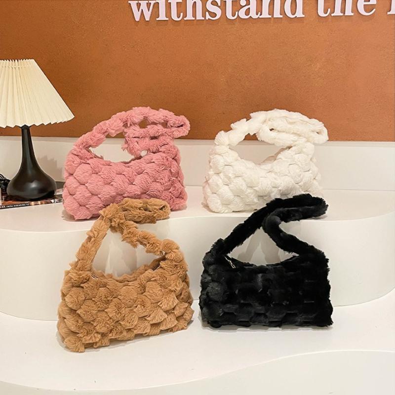 Winter Persality Plaid Soft Plush Shoulder Bags for Women Large Capacity Ladies Underarm Bag Solid Color Simple Female Handbag