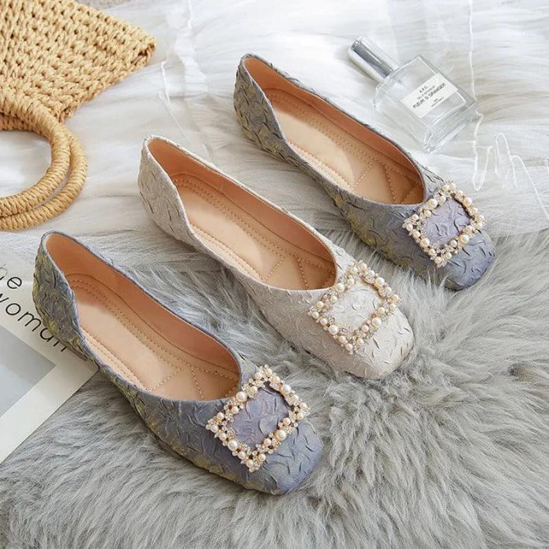 Fashion Ladies Footwear Pearl Low Heel Elegant Women's Flat Shoes Square Toe Korean Fashion High Quality Vintage Modest Stylish Chic Y2k