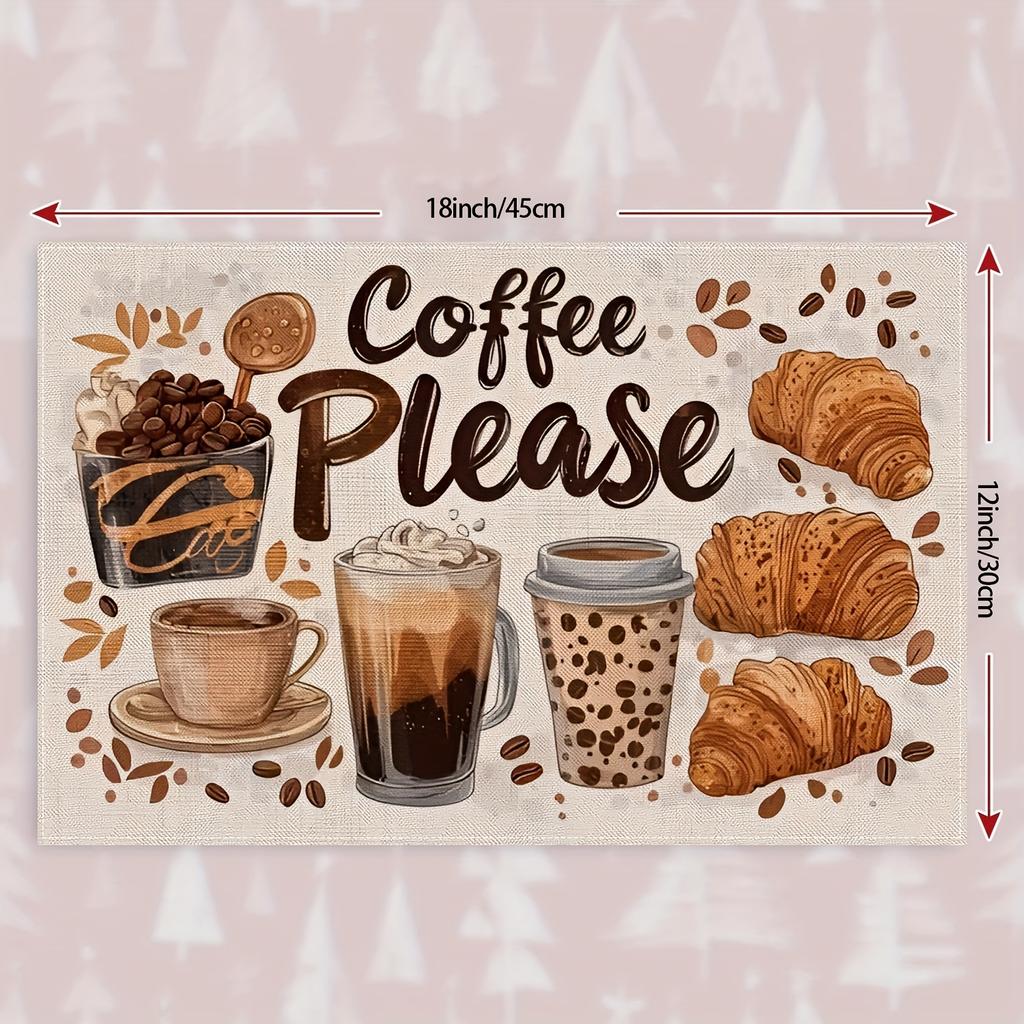 4pcs Coffee-Themed Placemat Set | Adorned with Coffee and Cappuccino Designs, Featuring "Coffee Please" Message, 12x18 Inches
