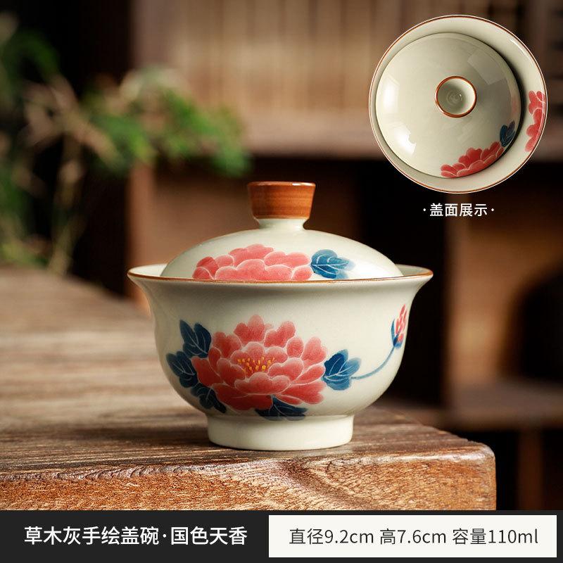Hand-painted Sancai cover bowl, large with cover, single high-end household ceramic teacup, Kung Fu tea set, tea bowl.