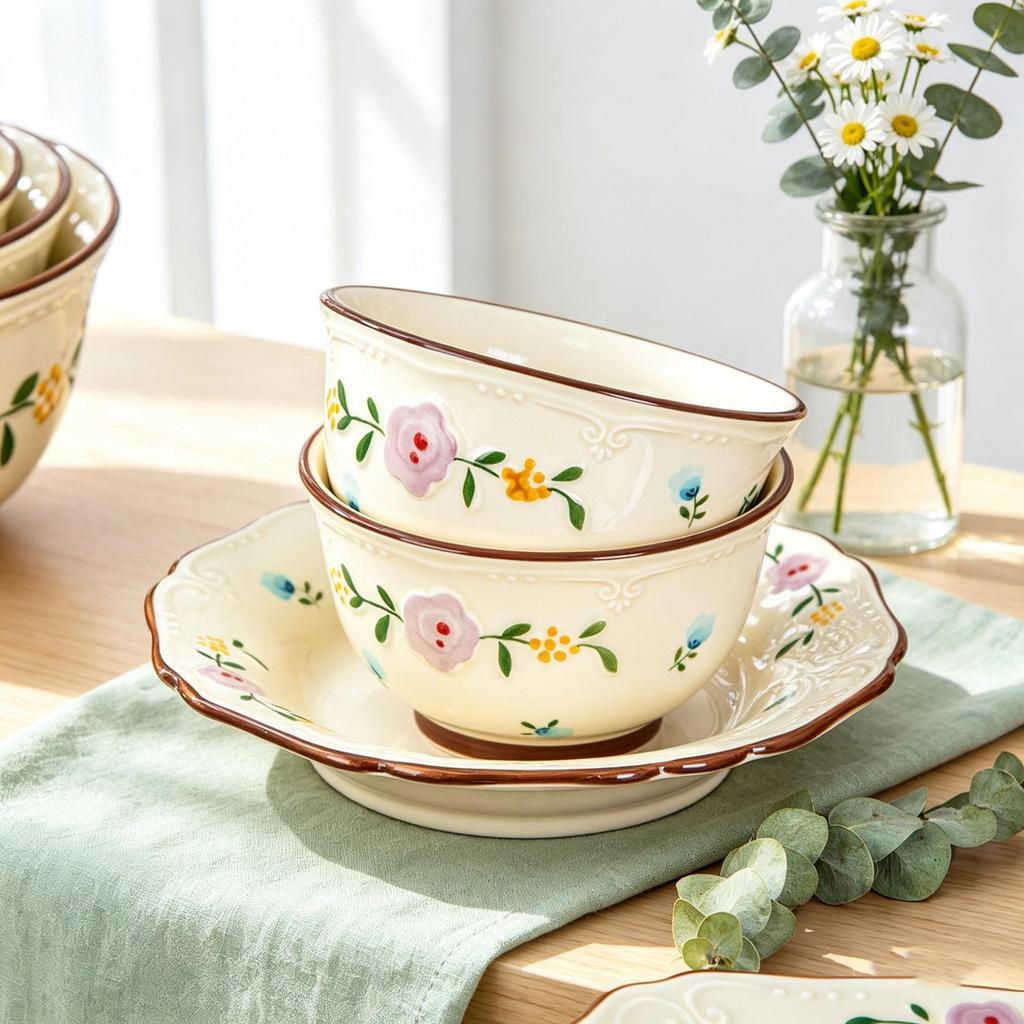 Japanese Ceramic Rice Bowl with Embossed Floral Design - Stylish Dinnerware for Soup and Rice