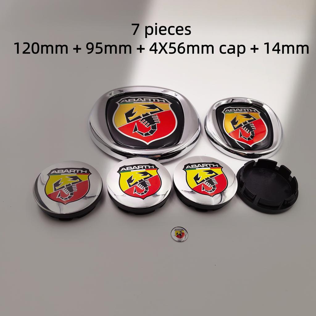 7pcs Fiat Abarth Car Front Hood Bonnet Badge 85/95/100/120mm Rear Trunk Boot Badge 10/12cm Hub Cap Wheel Center Cap 56/60mm