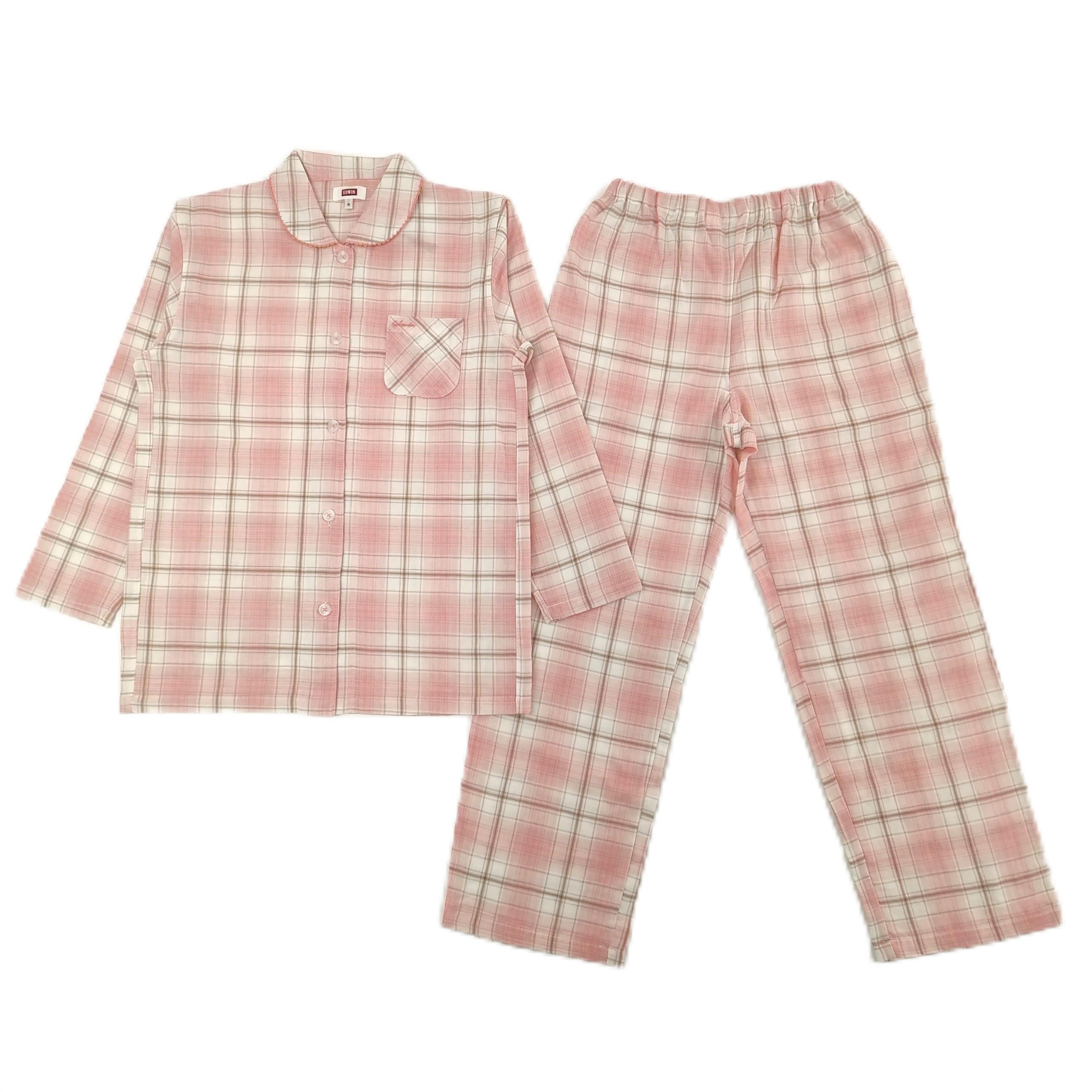 

Takihyo EDWIN Long Sleeve Pajama Double Check Shirt Pink Women s Set, 100% Cotton, Gauze, Pattern, Open-Front Pajamas, розовый