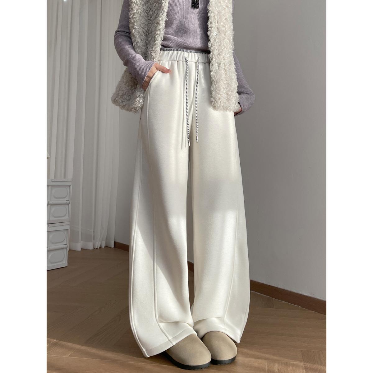 

New Winter Plus Velvet High Waist Slimming Color Block Drawstring Wide Leg Casual Sweatpants Off-White Fleece - Extended (162cm and above)