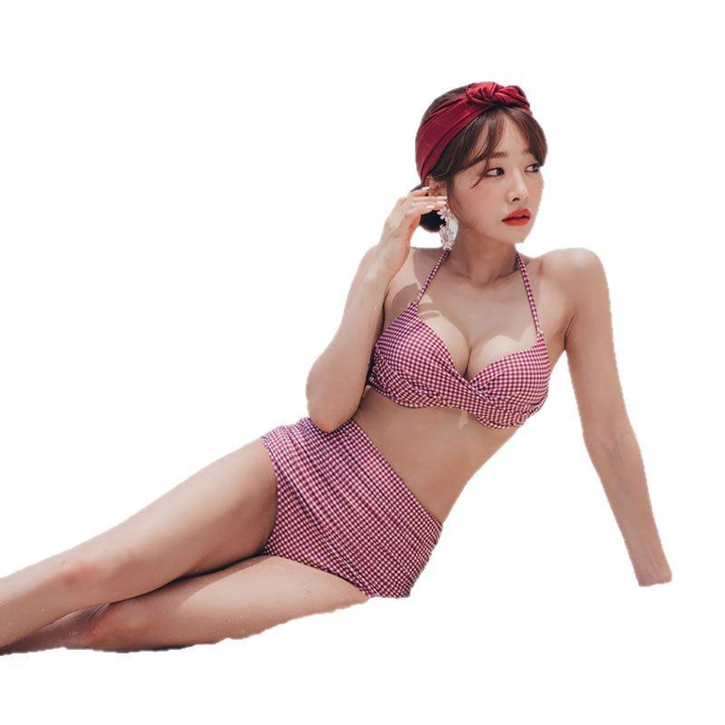 Small plaid bikini small breasts gather sexy and slim swimsuit bikini high waist retro Korean split swimsuit