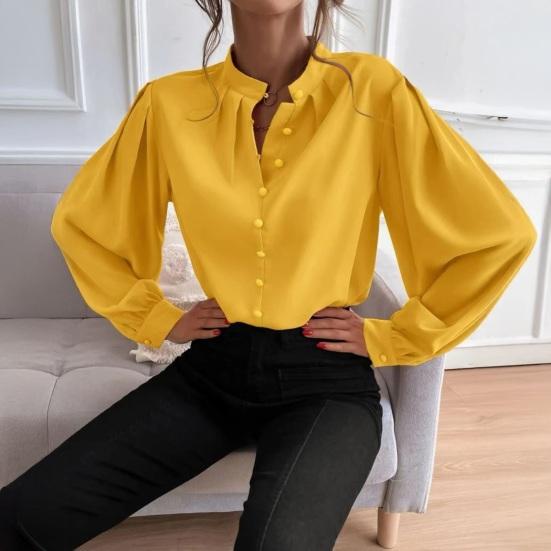 Women Shirt Stand Collar Puff Long Sleeve Buttons Placket Shirt Tops Pure Color Loose