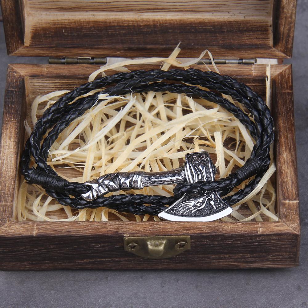 Viking Valknut Axe Leather Bracelet for Men Women Nordic Jewelry Gift with Wooden Box