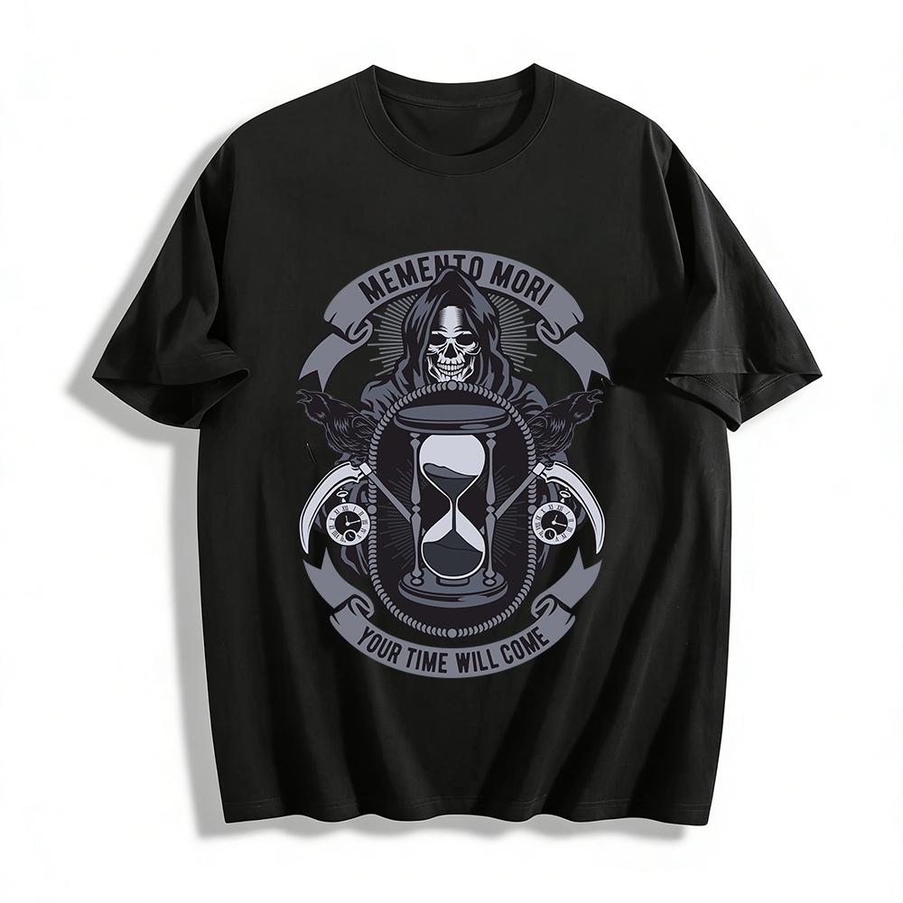 

Memento Mori Grim Reaper Graphic Tee Gothic Hourglass Print Top Pure cotton T-shirt XXS