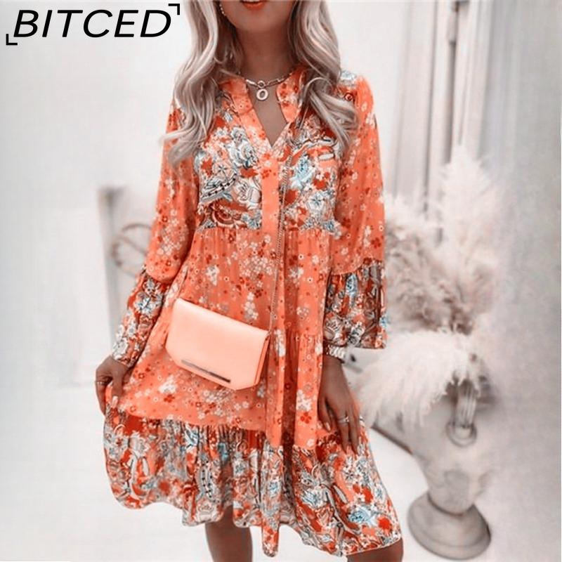 

BITCED Женская мода богемный цветочный принт V-образный вырез мини платья повседневные свободные элегантные дамы пляжная вечеринка расклешенные рукава платье XXXL оранжевый