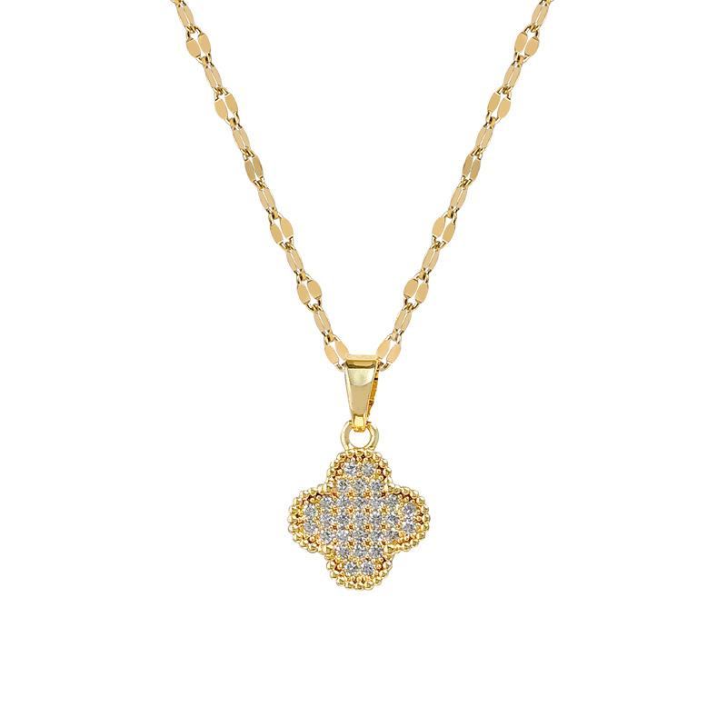 Full Diamond Double-Sided Four-Leaf Flower Micro-Inlaid Diamond Necklace Women'S Exquisite Wind Collarbone Chain With Jewelry