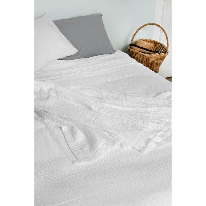 Couvre lit à franges "Brehat" Gaze de Coton stonewashed Toison d'or - Brehat Blanc - 270 x 250 cm