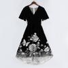 Women’s V Neck Short Sleeve Midi Dress with Floral and Butterfly Print Flowing Hem Casual Fit