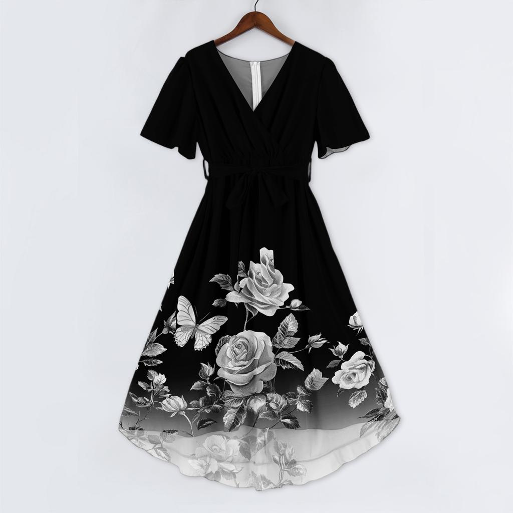 Women’s V Neck Short Sleeve Midi Dress with Floral and Butterfly Print Flowing Hem Casual Fit