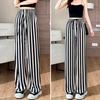 Women Summer Casual Pants Elastic Waist Adjustable Tie Straight Wide Leg Long Trousers Camouflage Striped Print Lounge Pants Streetwear