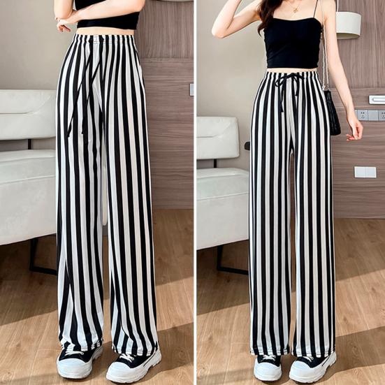 Women Summer Casual Pants Elastic Waist Adjustable Tie Straight Wide Leg Long Trousers Camouflage Striped Print Lounge Pants Streetwear