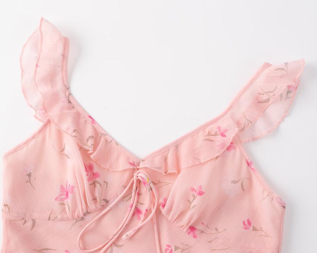 Pure desire sweet V-neck bow suspender dress women's summer new waist lace French pink floral skirt