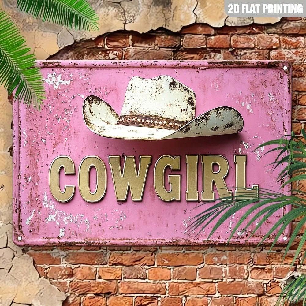Rustic Pink Metal Cowboy Hat Wall Art, Vintage Western Cowgirl Sign for Farmhouse Bar Cafe Decor