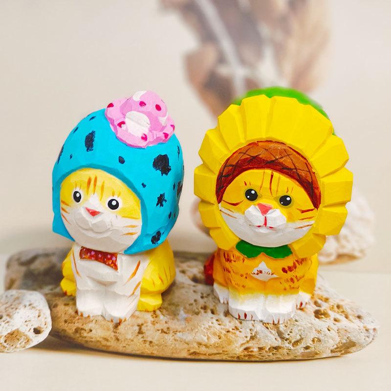 Wooden Cat Figurine Handmade Car Decor Gift For Birthdays And Holidays