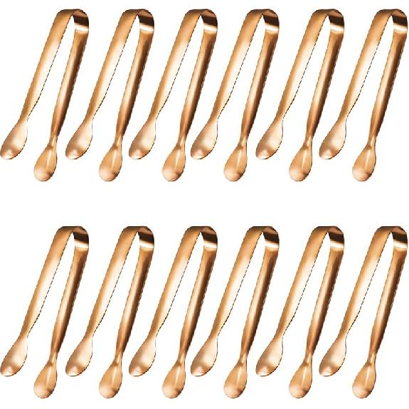 JCREN 12 Pcs Serving Tongs, Small Serving Utensils for Parties Catering Gold Tongs, Food-Grade 304 Stainless Steel Mini Appetizer Tongs for Tea Party