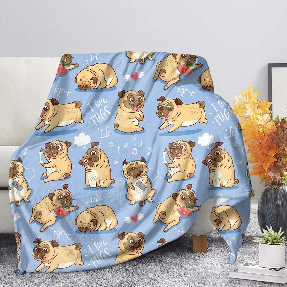 Flannel Blanket Cute Animal Pug Dog Soft Warm Fall Sofa Fleece Throw S for Bed  Couch  King Size Lightweight