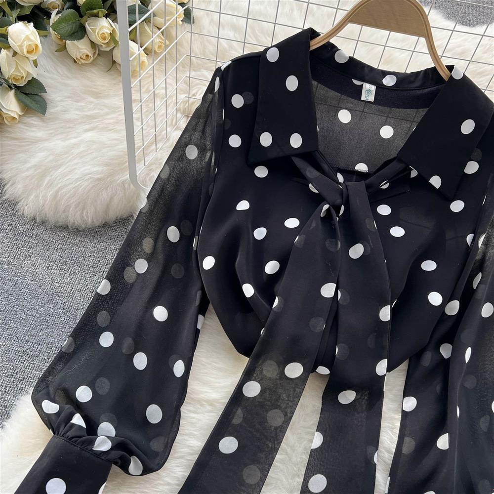 Chiffon Shirt Women's Summer Outfit Sweet Polka Dot Bubble Sleeves Versatile Base Shirt Top Women