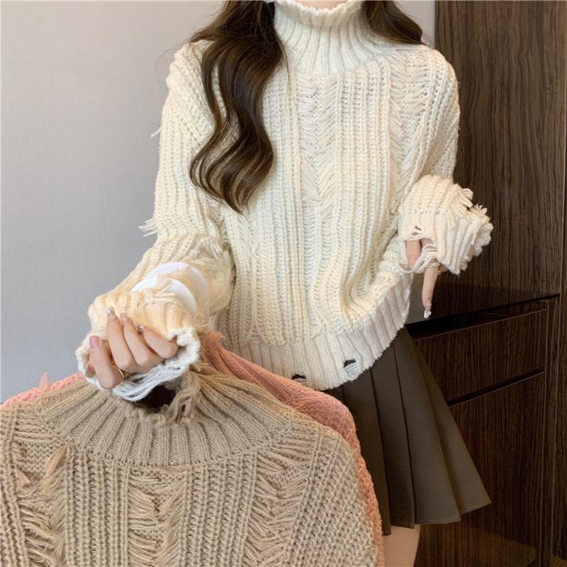 Women Autumn Winter High Collar Long Sleeve Wardrobe Staple Distressed Ripped Holes Solid Color Comfy Loose Pullovers Knitted Sweater Top