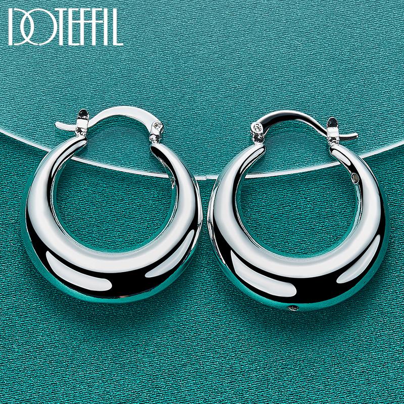 925 Sterling Silver Round Smooth U-shaped Large Ring Earrings Fashion Jewelry