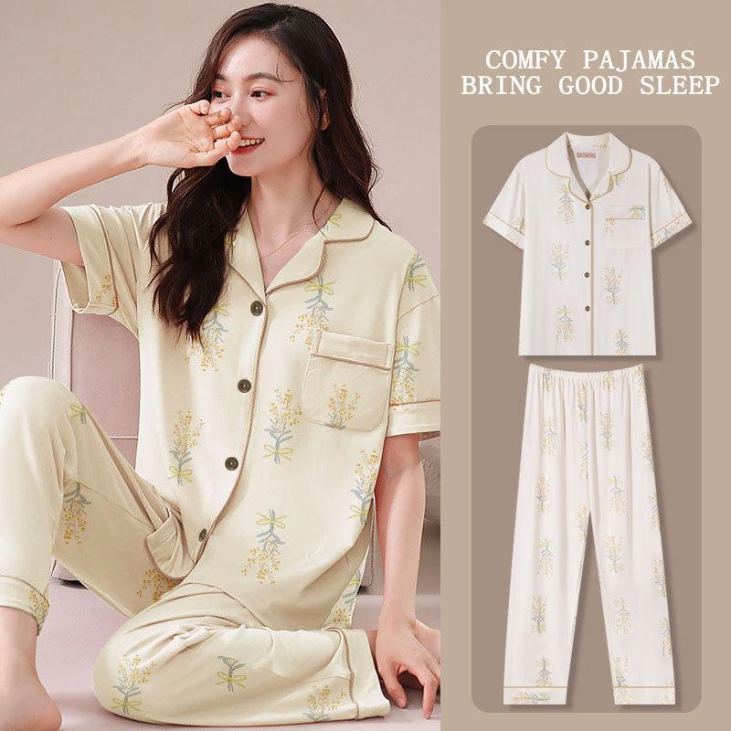 Pajamas Women'S Pastoral Small Yellow Flower Summer Cardigan Short Sleeve Trousers Loose Large Size Loungewear Two-Piece Set
