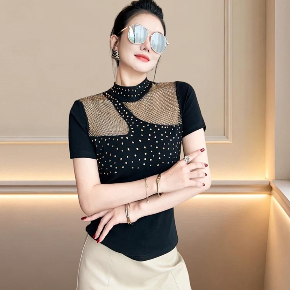 Summer New Women Luxury Hollowed-Out Hot Diamonds T-shirt Fashion Short Sleeve Casual Tops Streetwear Girl Cotton Tees Blouse