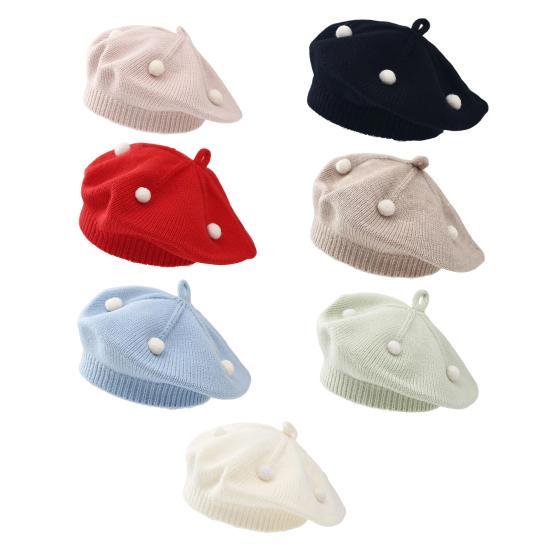 French Style Beret Hat Plush Ball Decor Baby Beret Hat with Anti-Slip Design Elastic Fit Warm Knitting Hat Autumn Winter Headwear
