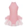 Kids Girls Dance Performance Costume Rhinestone Mesh Patchwork Sleeveless Leotard Tulle Skirted Bodysuit