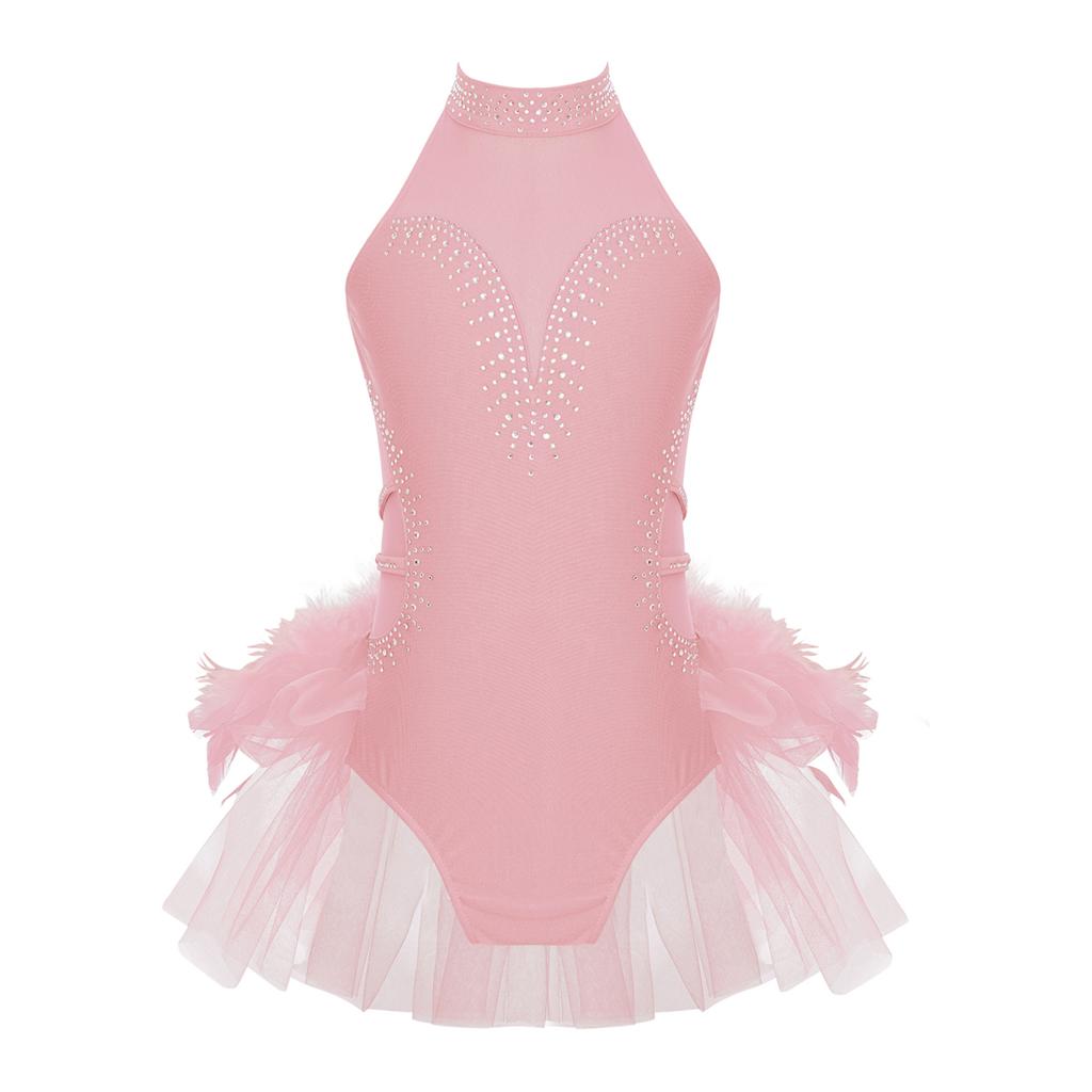 Kids Girls Dance Performance Costume Rhinestone Mesh Patchwork Sleeveless Leotard Tulle Skirted Bodysuit