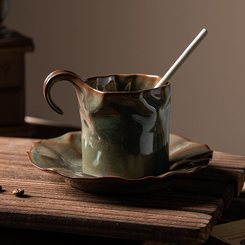 Japanese Light Luxury Pleated Ceramic Coffee Cup and Saucer Set Creative Exquisite Shaped Mug Coffee Cup