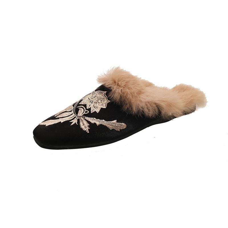 Fashion Women Slippers Winter Warm Plush Lined Women Cotton Slippers Embroidery Flat Mules Shoes Comfortable Pointy Toe Slides Women