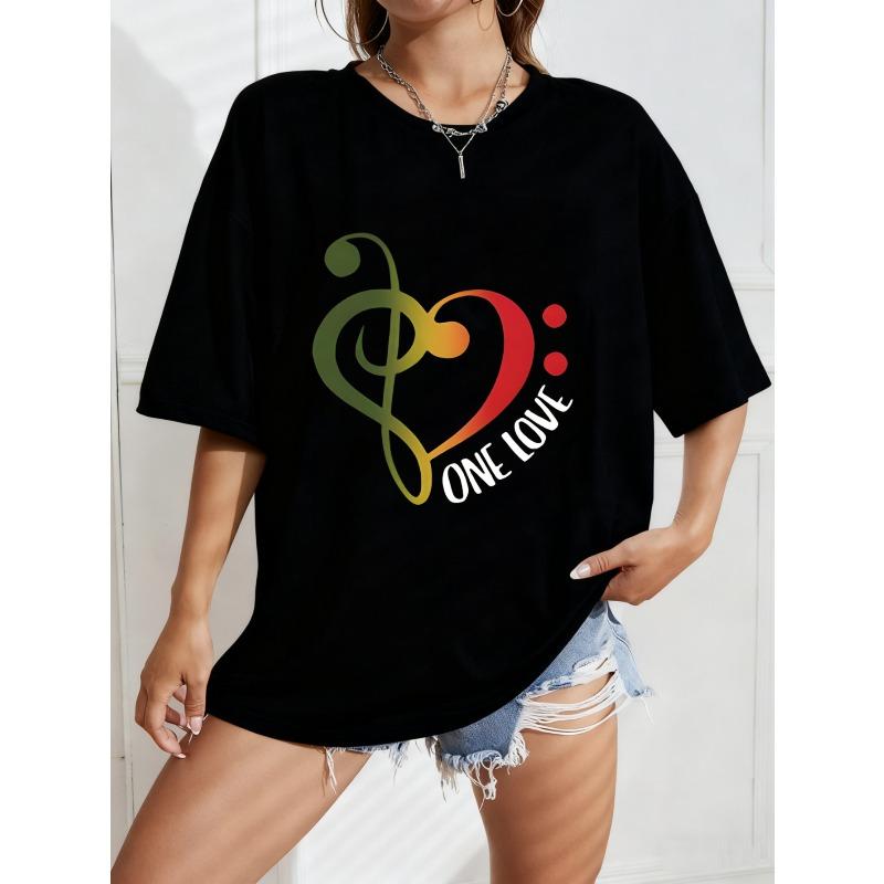 

White T Shirt With Music Note Heart Design And One Love Text For Casual Wear XXXXL чёрный