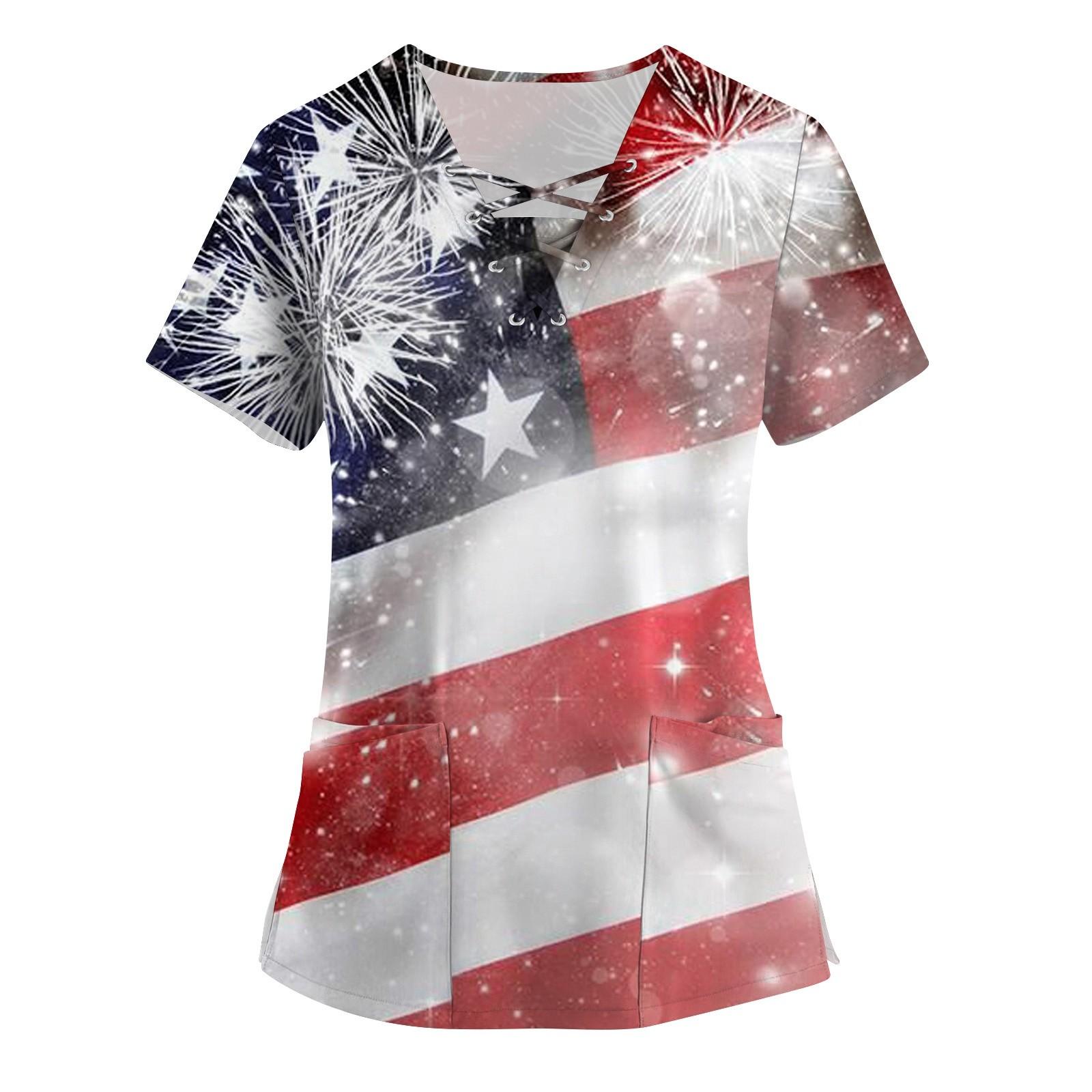 

Женская мода с коротким рукавом и v-образным вырезом на шнуровке с карманом и принтом ко Дню независимости XL винный