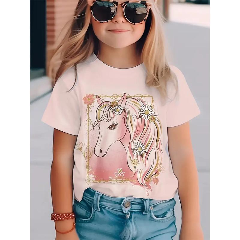 2025 Casual T-Shirts Girls' Clothing New Funny Animal Horse 3d Print Girls' T-Shirts Party Fashion Short Sleeved Tops Tee
