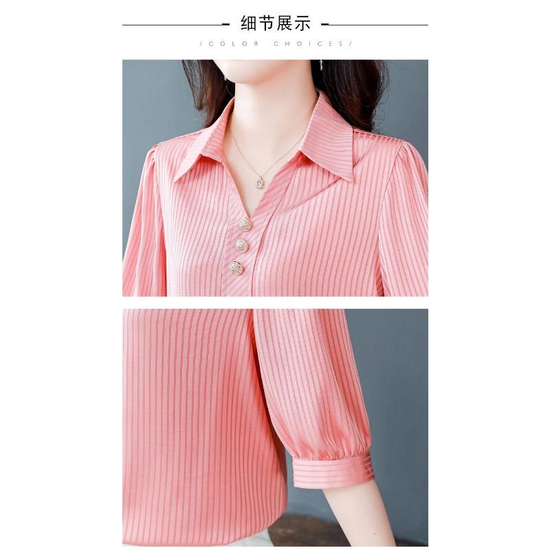 Dames Roze Gestreept Satijnen Revers Driekwartmouw Blouse
