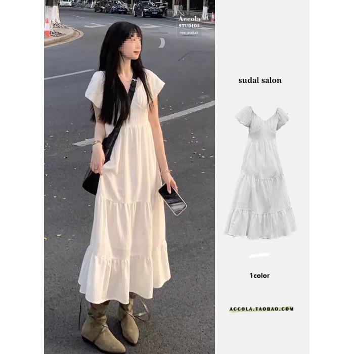 

Elegant Fairy Style White Backless V-Neck Puff Sleeve A-line Dress with Waist-Cinching, Women s Summer Clothing. Small білий