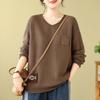 Retro Style V-Neck Patchwork Cotton Knit Sweater - Long Sleeve Loose Fit Pullover