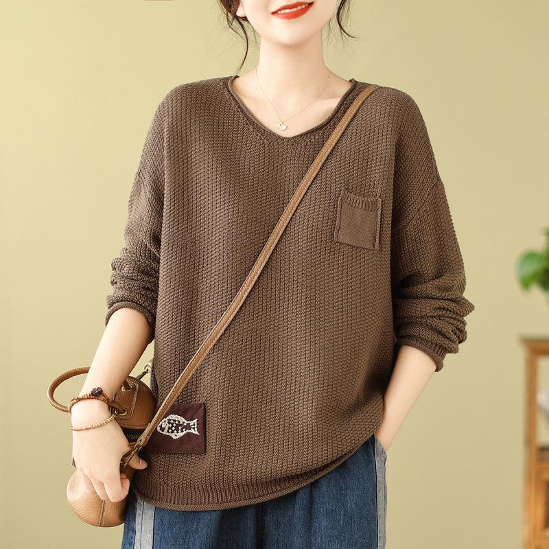 Retro Style V-Neck Patchwork Cotton Knit Sweater - Long Sleeve Loose Fit Pullover