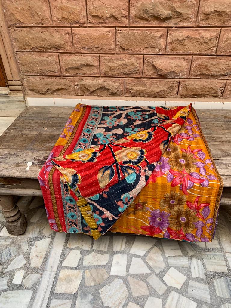 Hand-Stitched Floral Kantha Quilt: Reversible Indian Cotton Throw