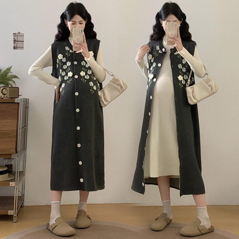 Winter 2025 Korean Style Maternity Floral Two-Piece Dress Set L