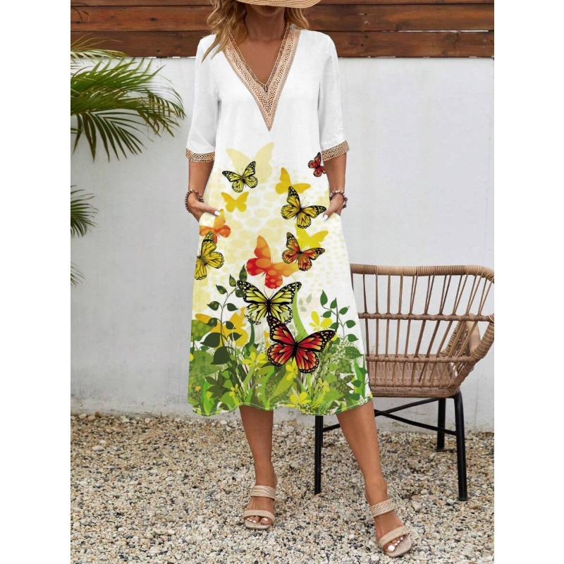 Damen Frühling/Sommer Bedrucktes Kurzarmkleid Spitze V-Ausschnitt Locker Swing Kurzarm Mittellanges Kleid