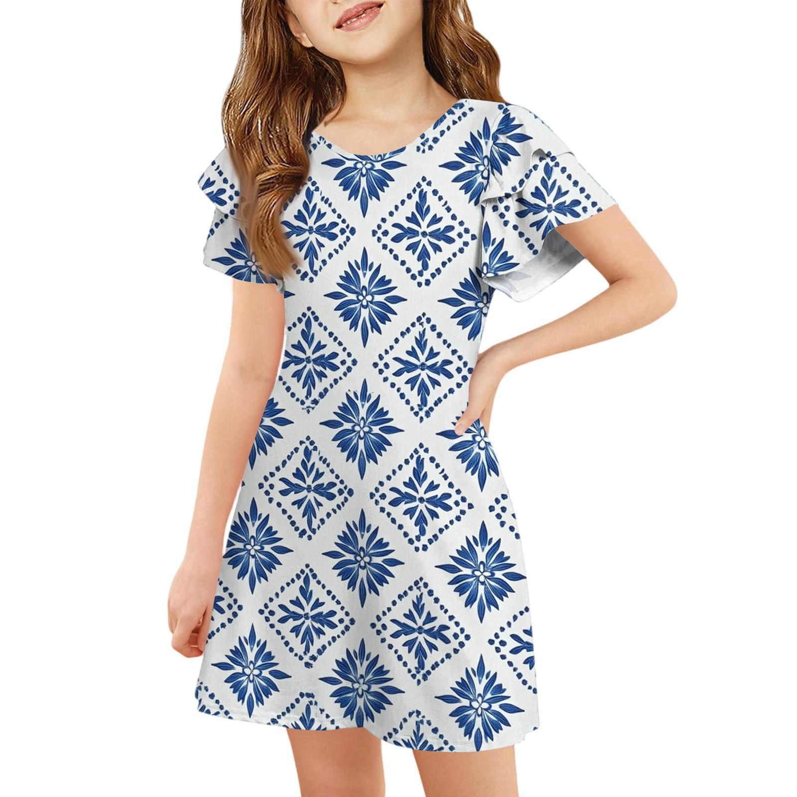 Girls  Ruffle Sleeve Dress - Round Neck Printed Sundress 120