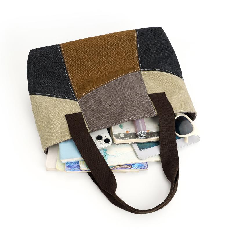 Damen Patchwork Handtasche - Vintage Gespleißte Canvas Tote mit Obergriff & Crossbody-Funktion