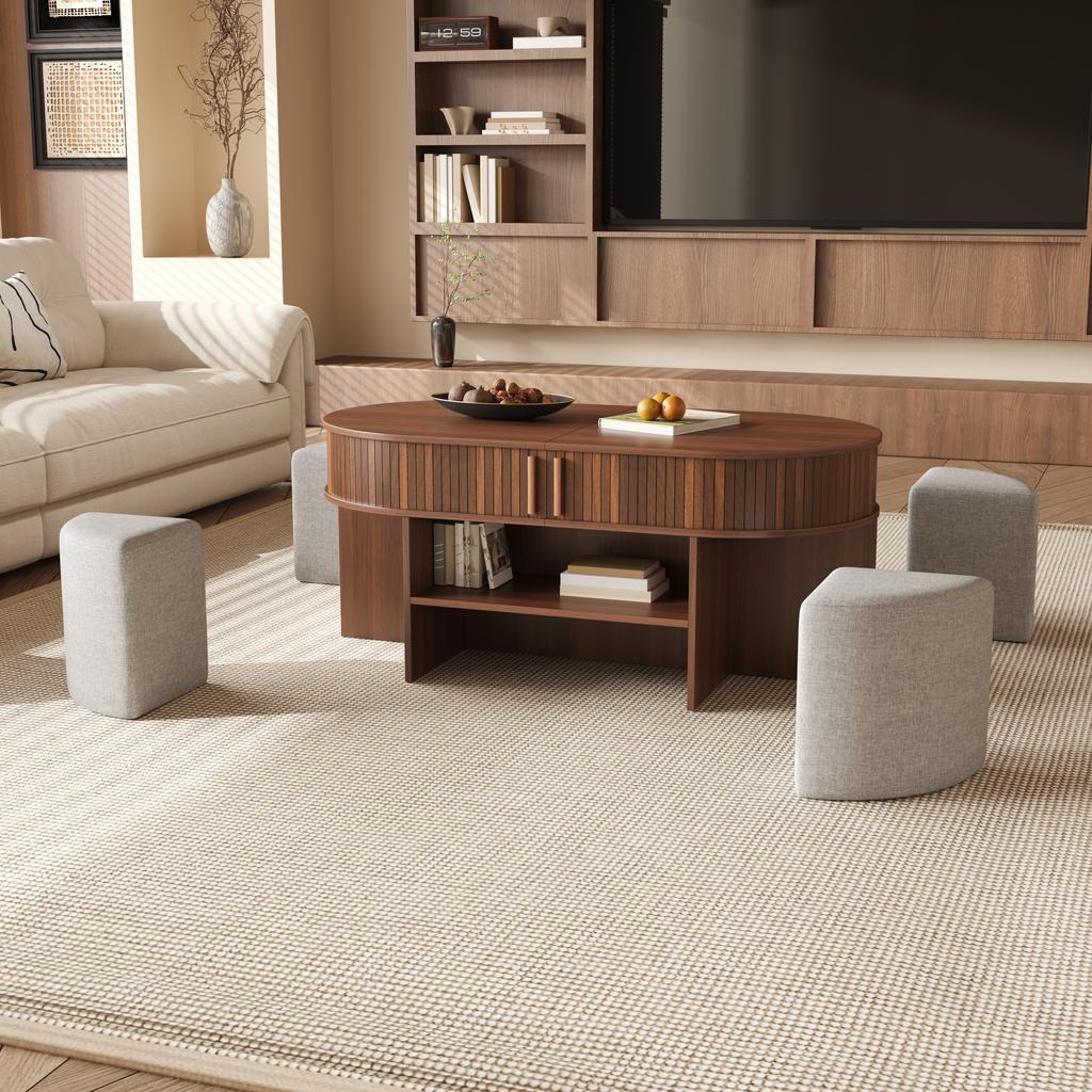 Oval storage coffee table with vertical fluted panelling, set with fabric stools, body made of particleboard+MDF, metal handles, with sliding doors