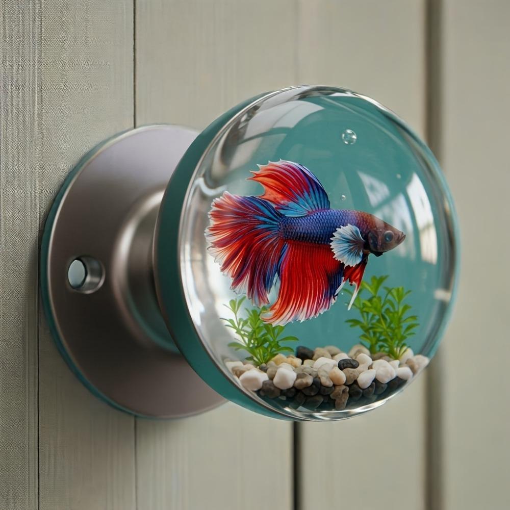Retro Round Resin Door Handle - Realistic Fish and Floral Design, Crystal Transparent Spherical Door Handle, Artistic Natural Style Decoration