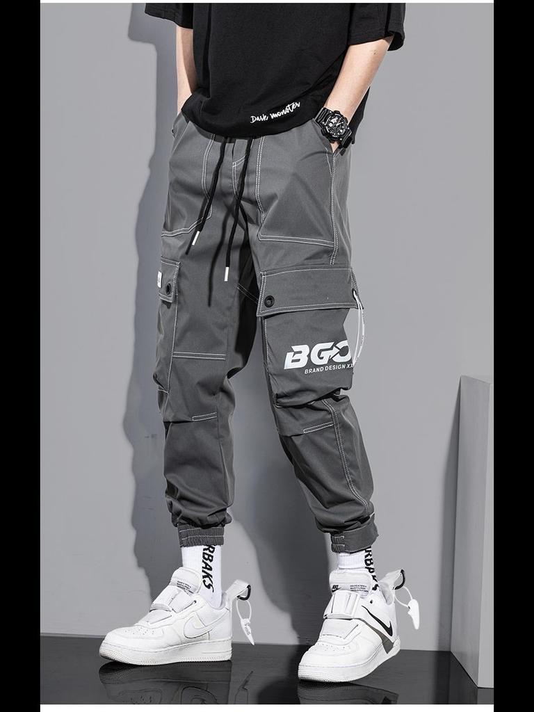 Autumn Men's Trendy American High Street Overalls with Bright Line Letter Print