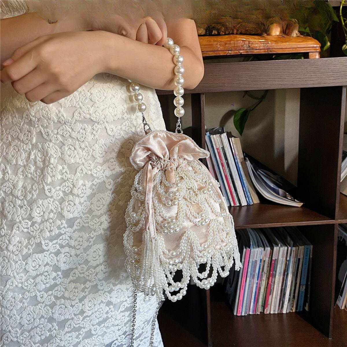 

Luxury Pearl Beaded Tassel Bucket Bag Women Elegant Handmade Evening Clutch Shoulder Bags For Wedding Party Fashion Handbag New шампанського
